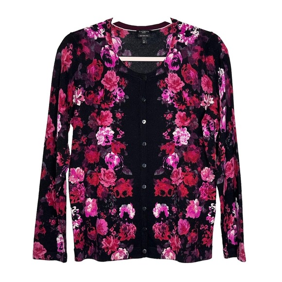Talbots Sweaters - Talbots Merino Wool Charming Cardigan Black Pink Floral NWOT Sz‎ LP Garden Party